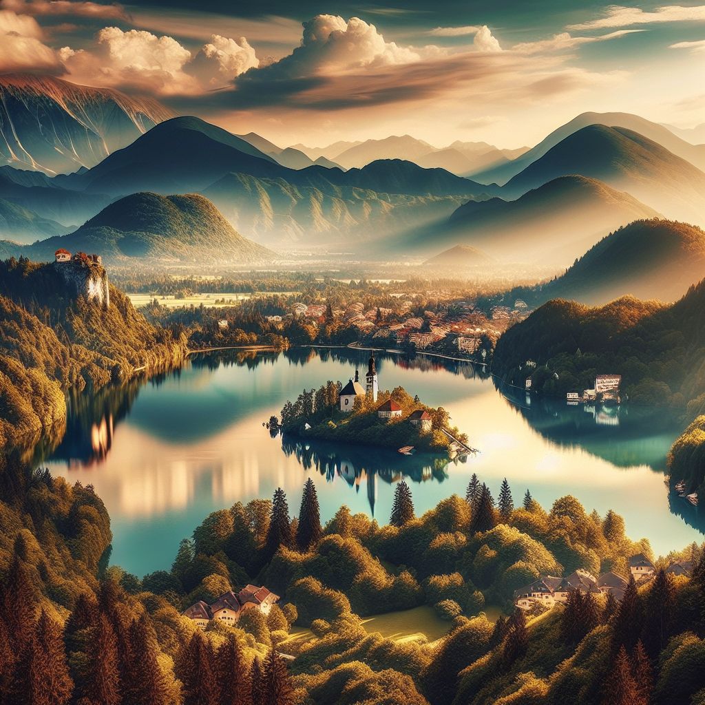 Scenic view of Slovenian real estate with mountains in the background