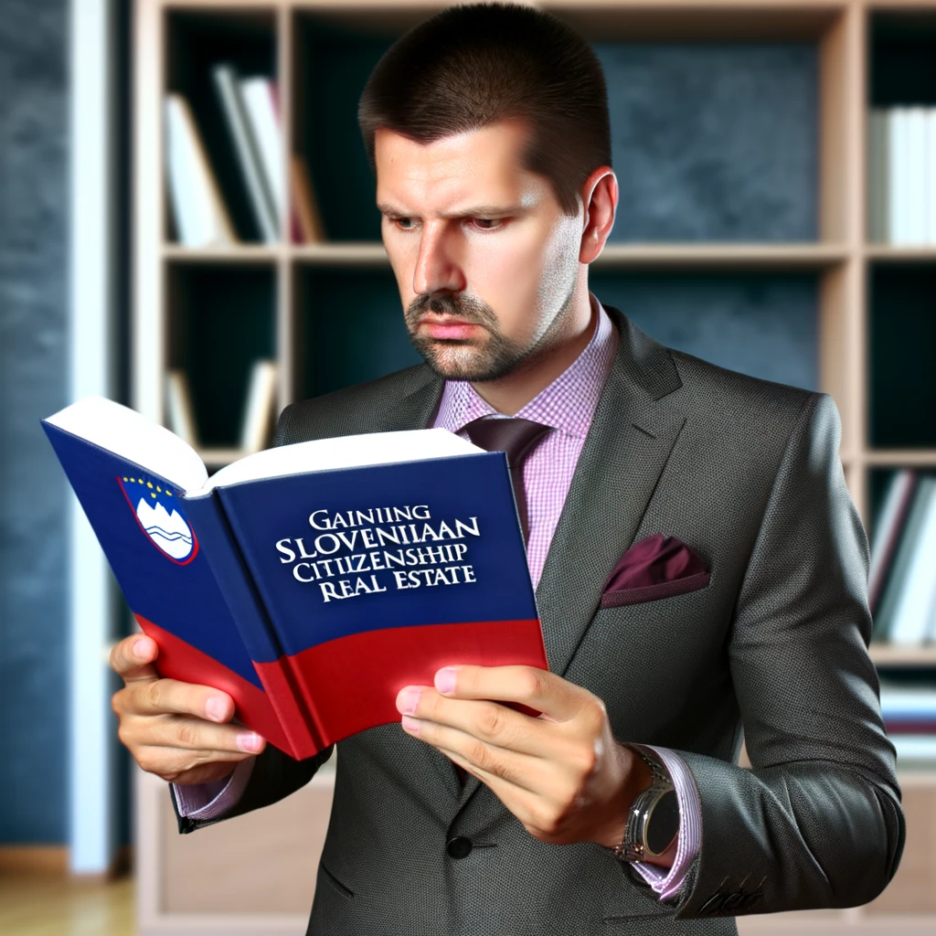 Concentrated man reading a guidebook titled 'Gaining Slovenian Citizenship Through Real Estate'.